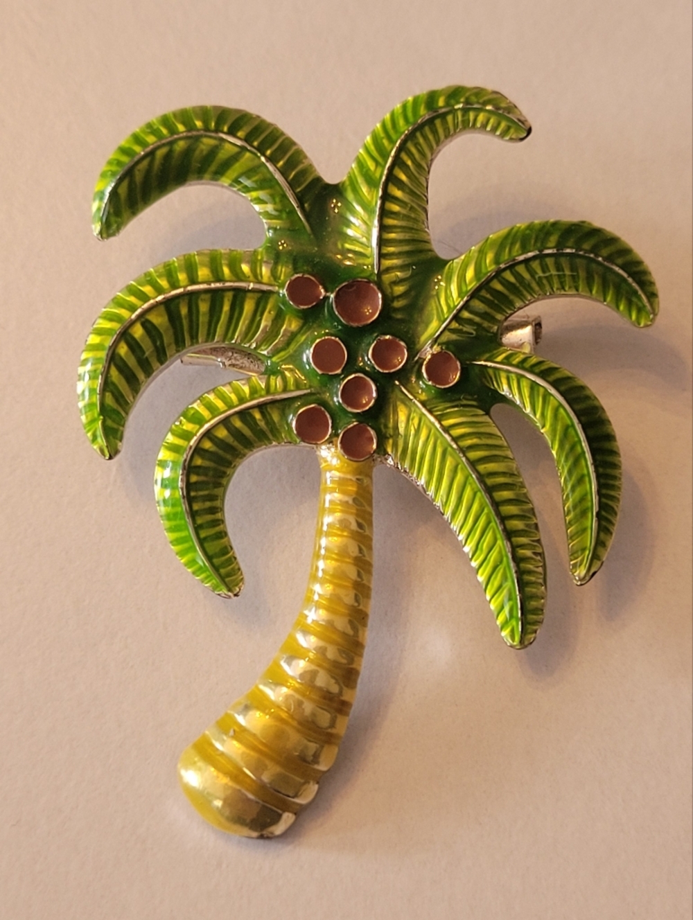 Enamel Metal Palm Tree Brooch in Green and Yellow